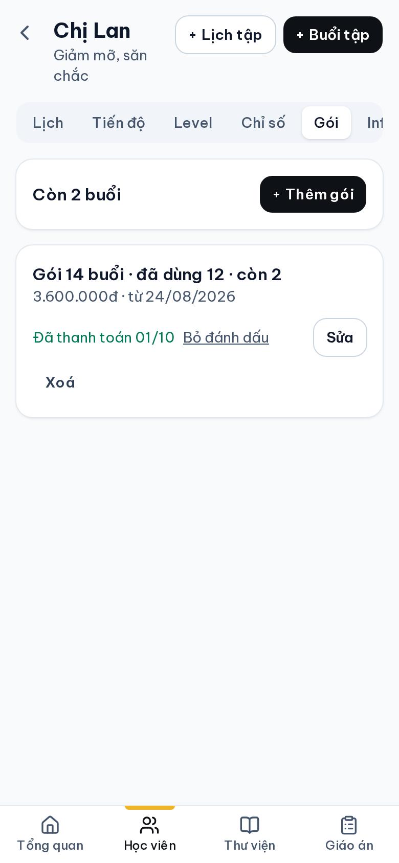 Danh sách gói tập của học viên với số buổi đã dùng, còn lại và trạng thái thanh toán