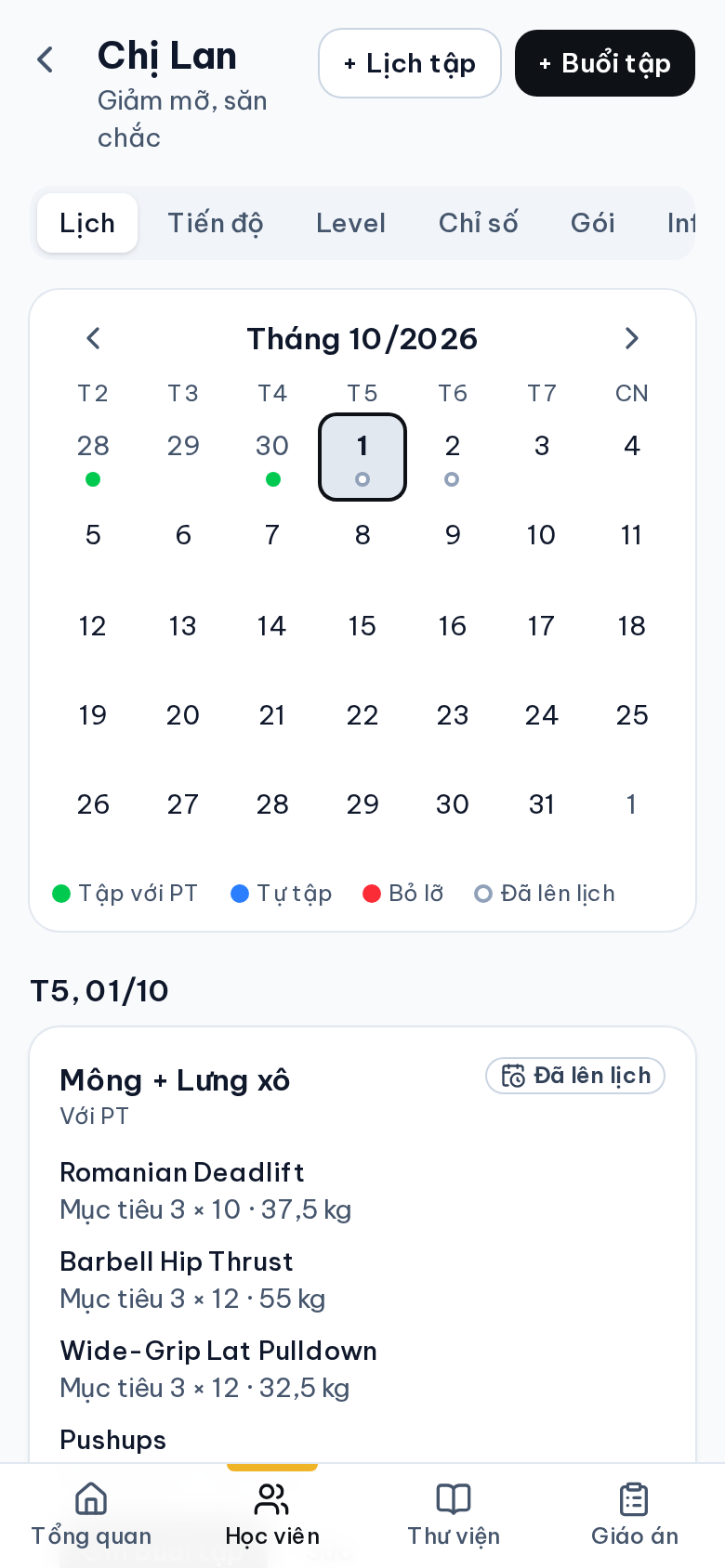 Hồ sơ học viên Chị Lan với lịch tập theo tháng và chi tiết buổi tập hôm nay